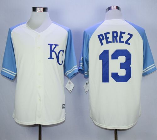 Royals #13 Salvador Perez Cream Exclusive Vintage Stitched MLB Jersey - Click Image to Close